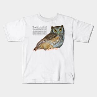 tropical screech owl under a roof black text Kids T-Shirt